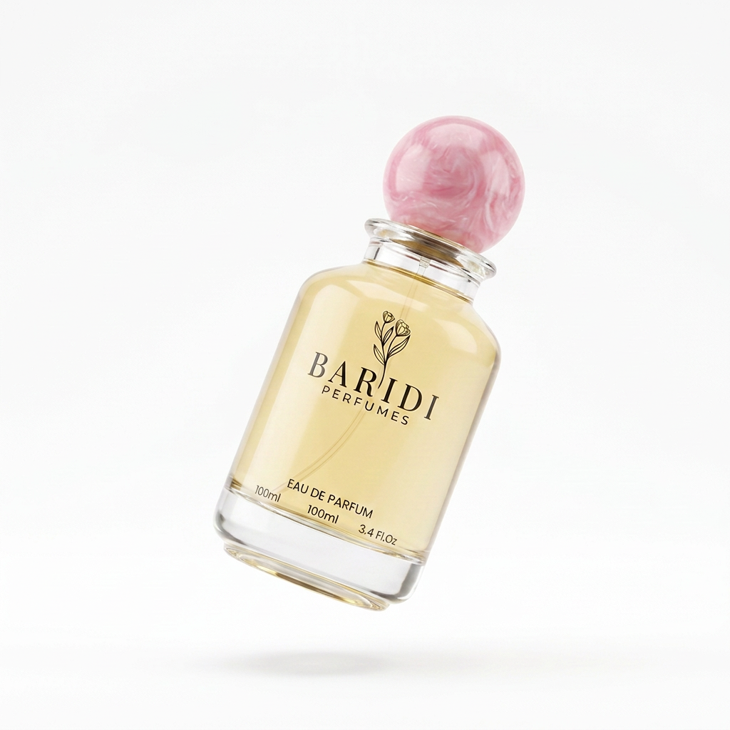Pink-cap perfume with a white background