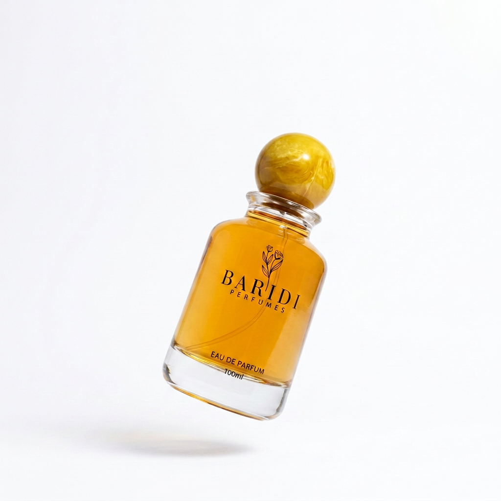 Yellow-cap perfume with a white background